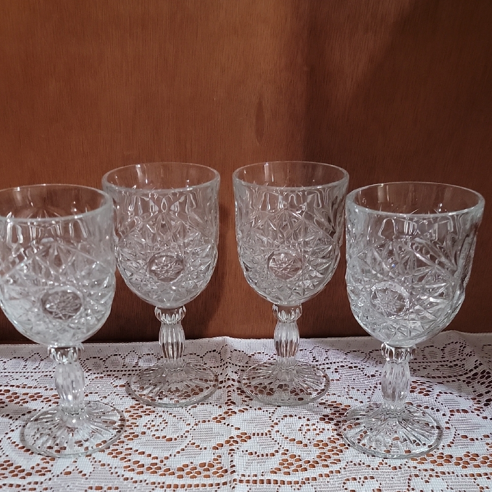 Vintage Libby Hobstar Clear Glass Starburst Wine Water Goblets Set Of 4